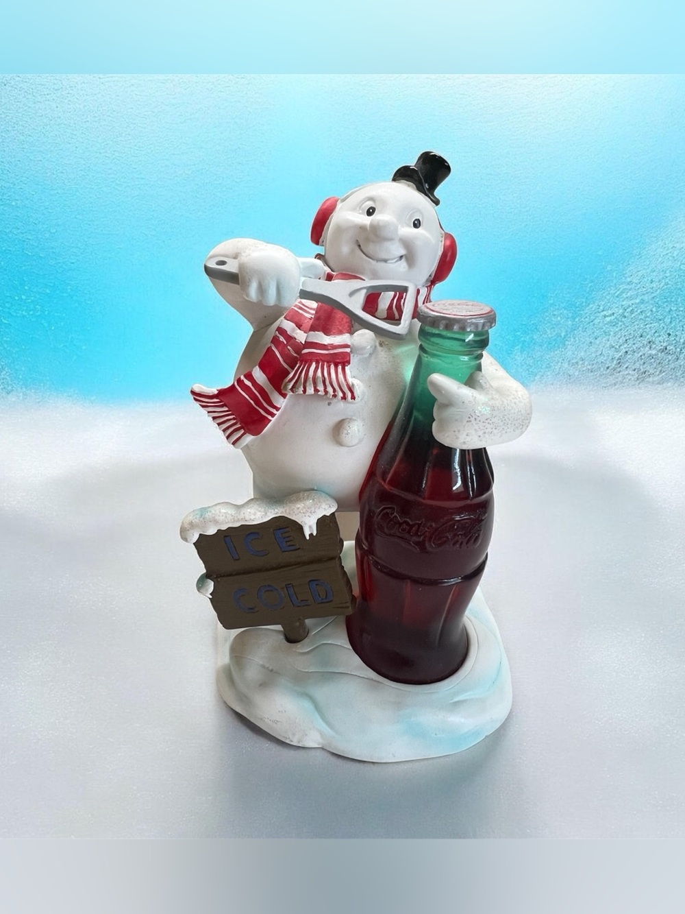 Coca-Cola Ice Cold Snowman Figurine with Coke Bottle Soda Advertising Decor 6”
